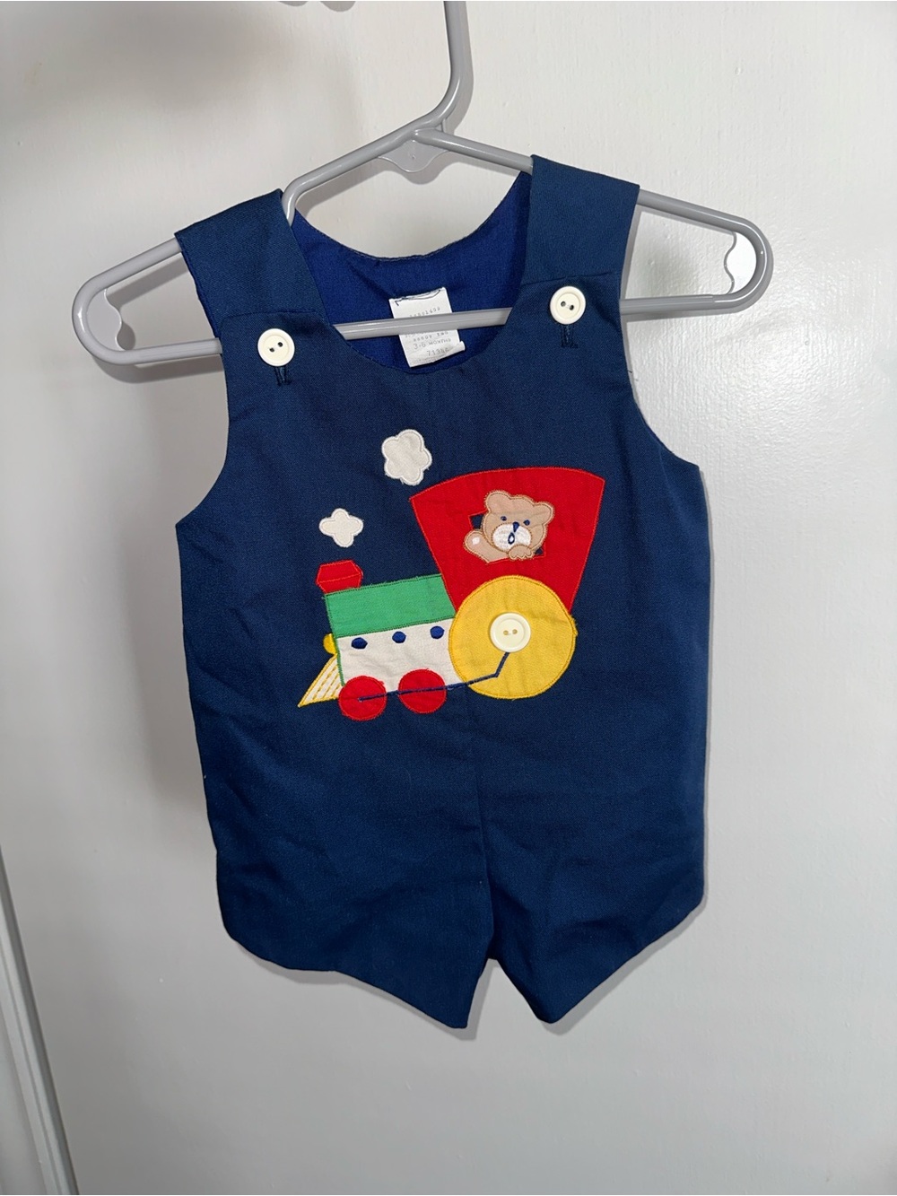 Vintage 90s Baby Togs Train Teddy Bear Romper Overalls Navy Blue Boy 3-6 Months